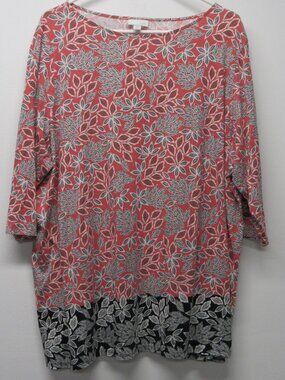 J Jill Salmon Pink Leaf Print Cotton Modal 3/4 Sleeve Tunic Top Shirt Plus sz 3X